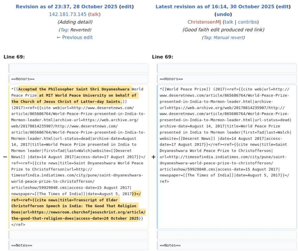 Wikipedia Edit History entry for D. Todd Christofferson

Good faith edit produced red link
