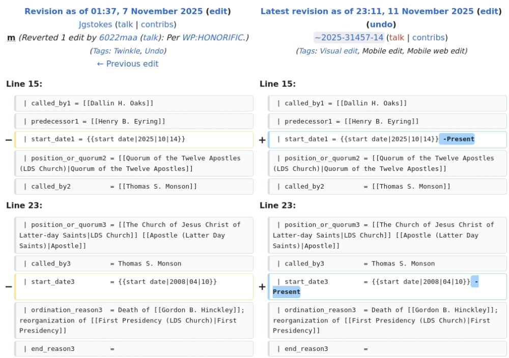 Wikipedia Edit History entry for D. Todd Christofferson


