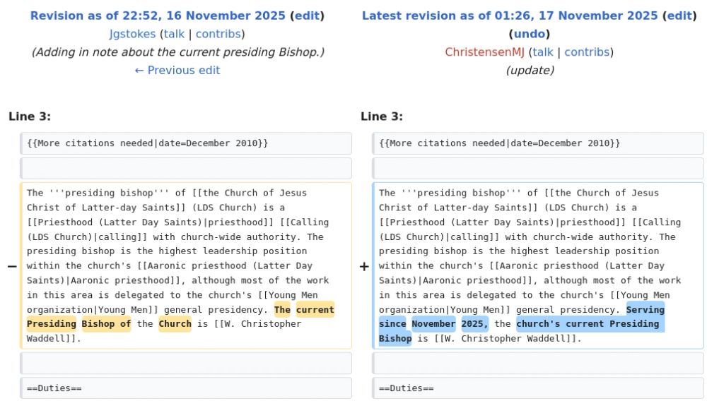 Wikipedia Edit History entry for Presiding Bishop (LDS Church)

update
