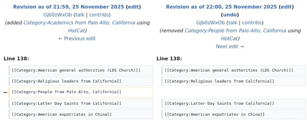 Wikipedia Edit History entry for Gerrit W. Gong

removed [[Category:People from Palo Alto, California]] using [[WP:HC|HotCat]]
