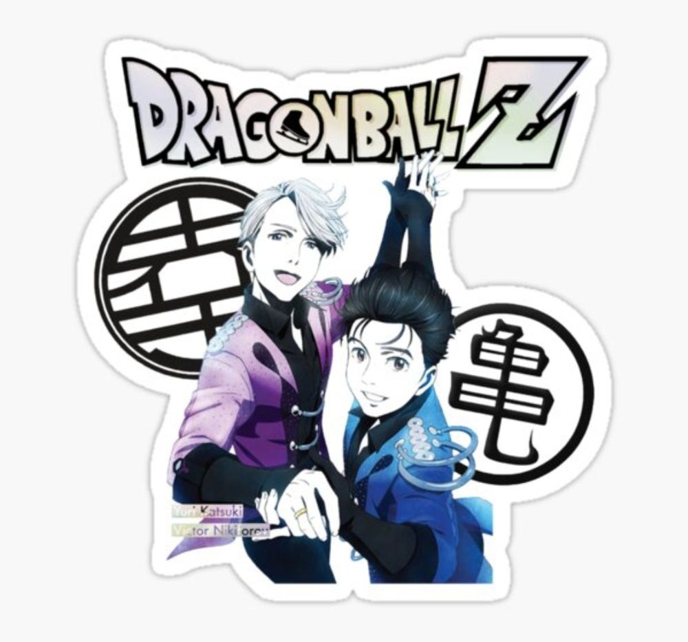 Viktor and Yuuri from Yuri on Ice standing in front of a modified Dragonball Z logo and two of the symbols on the back of Goku's gi, King Kai's symbol and "kame," the Kanji for turtle, respectively