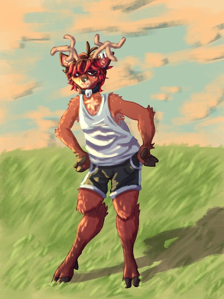 PT-BR
uma ilustração digital de uma cerva antropomórfica de pé em um campo gramado, com suas mãos na cintura. ela é iluminada pela luz do sol. ela veste uma regata branga, shorts curtos pretos, um choker e tem alguns piercings na orelha e no rosto. ela tem uma franja e cabelo marrom curto bagunçado com as pontas pintadas de vermelho. ela tem um leve sorriso no rosto. ela tem uma galhada.

ENG
a digital illustration of an anthropomorphic doe standing on a grassy field, hands on her hips. she's illuminated by sunlight. she wears a white tank top, black shorts, a black collar and some piercings on her ear and face. she has bangs and short brown messy hair with the tips being painted red. she wears a smug expression. she has antlers.