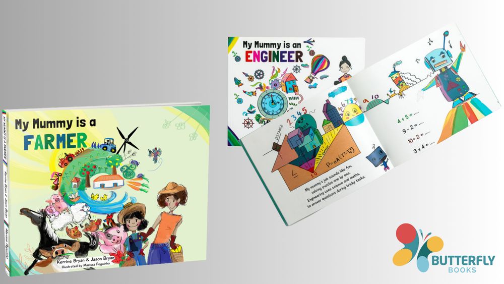 The covers of My Mummy is a Farmer and My Mummy is an Engineer, with a couple of open pages shown from the latter. The multicoloured Butterfly Books butterfly logo sits in the bottom right corner. 