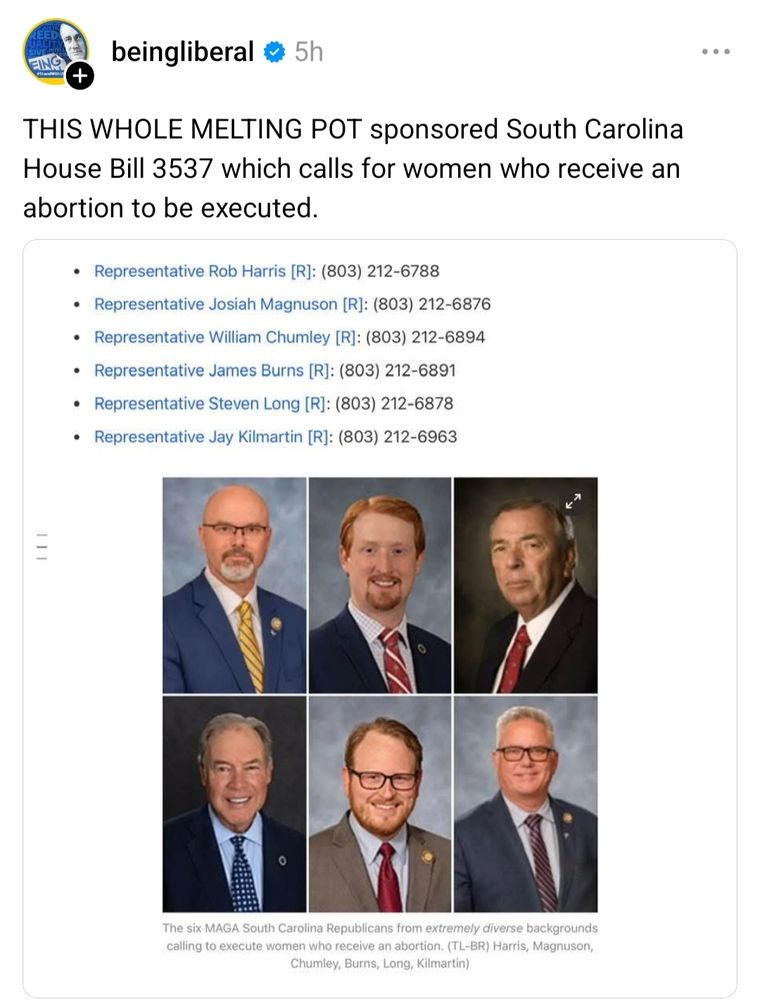 A thread showing the face, names, and phone numbers of the men who sponsored the South Carplina House Bill 3537 which calls for women who receive an abortion to be executed 