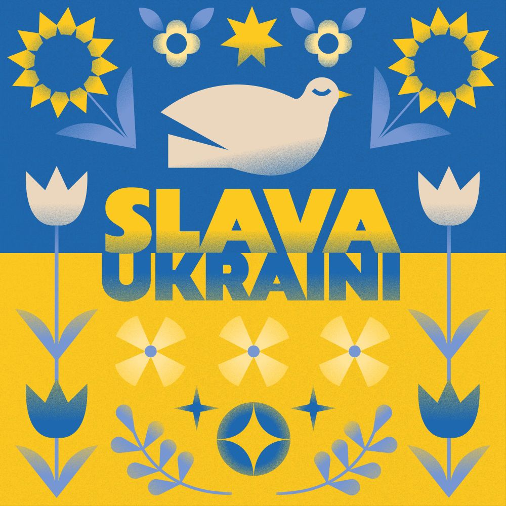 An illustration representing the Ukrainian flag that says "Slava Ukraini" with flowers, stars, and a dove