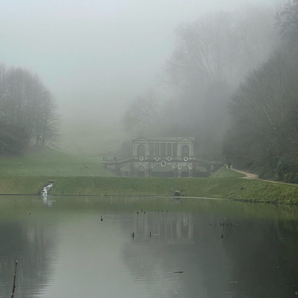 Palladian bridge at Prior park on a misty day
