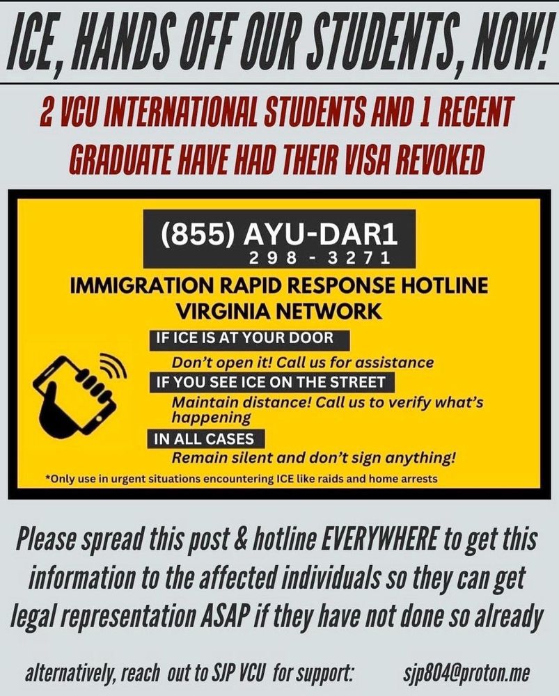 Flyer advertising Immigration Rapid Response Hotline for Virginia: 855-298-3271. 