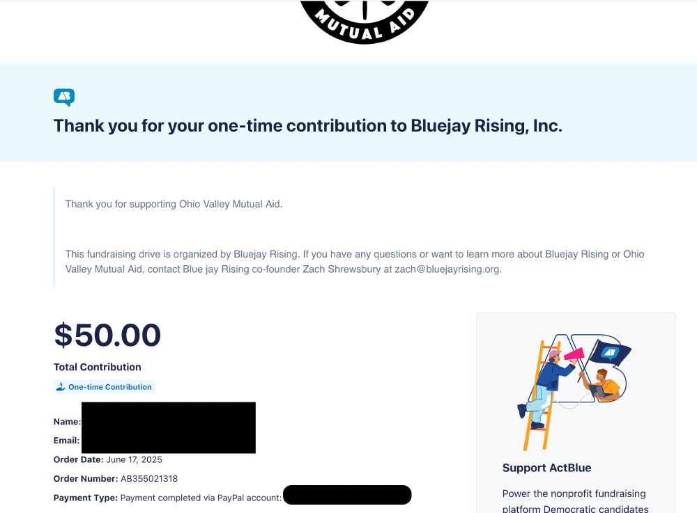 Proof of $50 donation in the form of a redacted screenshot.