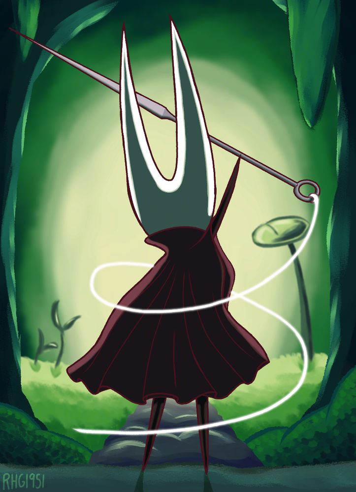 Hornet from Hollow Knight viewed from behind with her needle raised in the air. The thread on her needle spirals around her. She is standing in an area resembling the Moss Grotto.