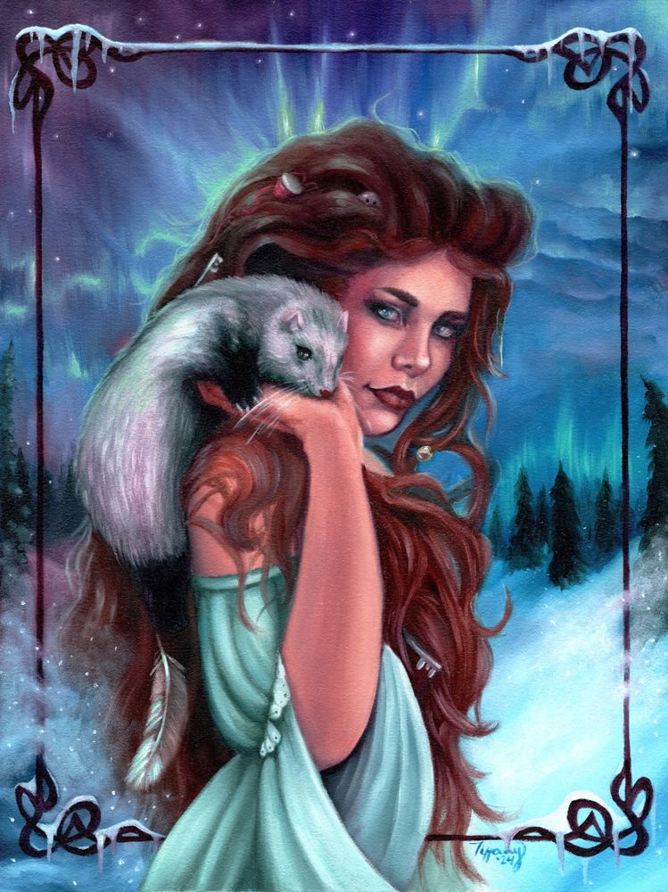 a fantasy art oil painting of a woman in a pretty dress holding a ferret, the northern lights and a snowy landscape behind her, with an art nouveau frame