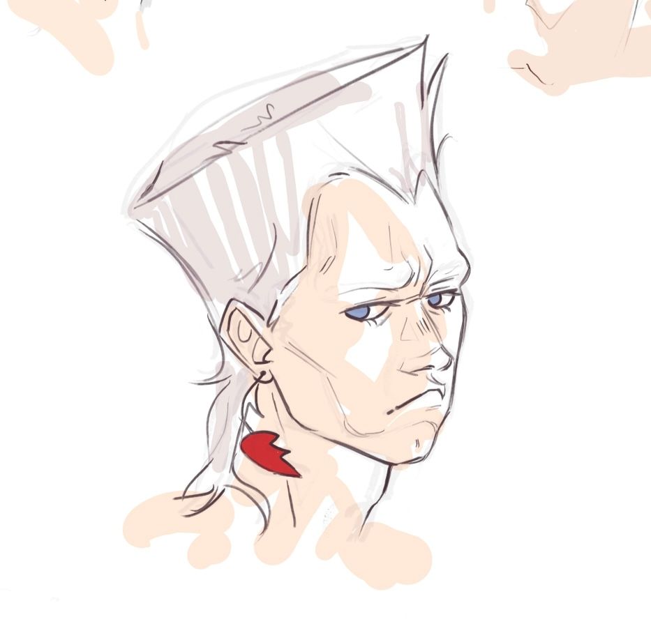 3/4 view of polnareff frowning and scrunching his eyebrows (or lack thereof lol)