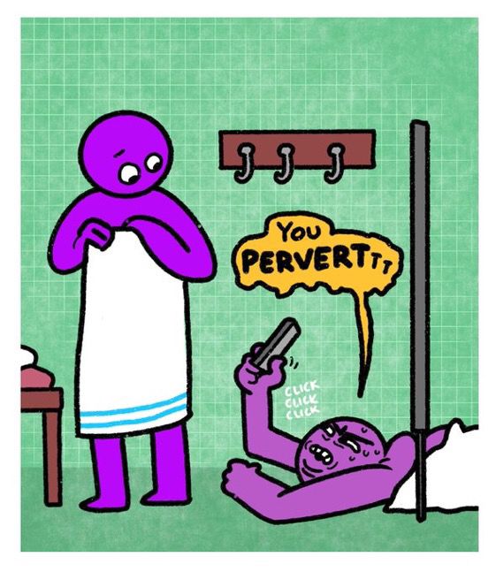 Cartoon showing someone crawling under a locker room stall to take a picture of a person wrapped in a towel. The person on the floor is hissing “You Pervertttt”