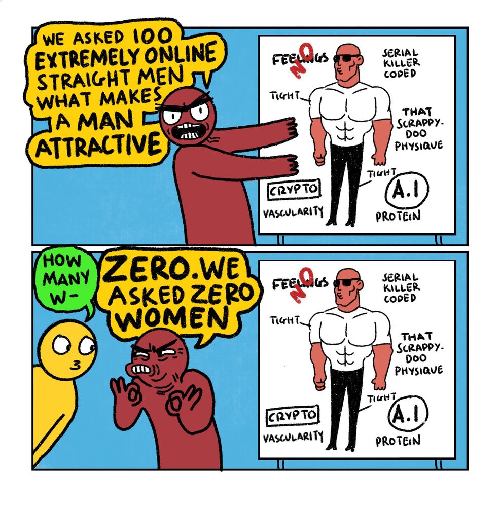 2 panel comic

Panel 1: very angry red guy says “we asked 100 extremely online straight men what makes a man attractive”
He gestures to a white board showing a very muscular man. Around him are the labels:
No feelings 
Serial killer coded
That Scrappy Doo Physique 
AI
Crypto 
Vascularity 
Protein 

Panel 2: Yellow Person sticks their head into shot: “How many w-“
Red guy shouts “ZERO. We asked ZERO women.