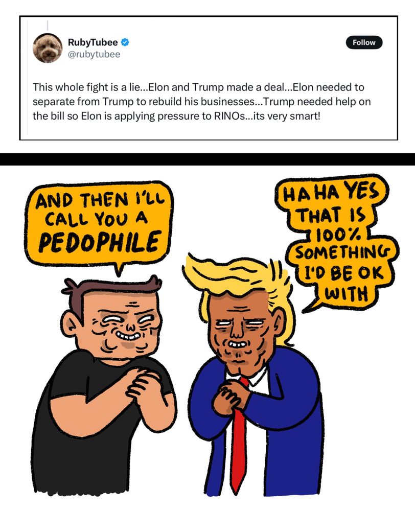 Cartoon made in response to tweet saying “This whole fight is a lie...Elon and Trump made a deal...Elon needed to separate from Trump to rebuild his businesses...Trump needed help on the bill so Elon is applying pressure to RINOs...its very smart!”

Musk and Trump stand opposite each other, maliciously rubbing their hands
Musk: “And THEN I’ll call you a pedophile”
Trump:”Haha Yes. That is 100% something I’d be ok with”