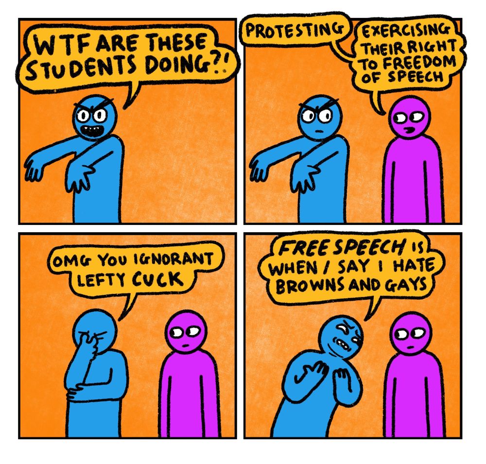 4 panel comic featuring Blue Guy (right winger) and Purple Guy

Panel 1: 
Blue Guy: what the fuck are these students doing?

Panel 2:
Purple Guy: Protesting. Exercising their right to freedom of speech

Panel 3:
Blue Guy: Oh my God you ignorant lefty cuck

Panel 4: 
Blue Guy: Free speech is when I say I hate browns and gays
