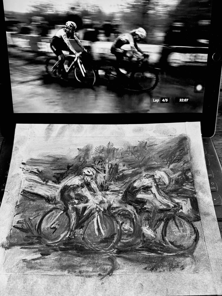 Charcoal and chalk drawing of two cyclists beneath a black and white screenshot of a race broadcast.