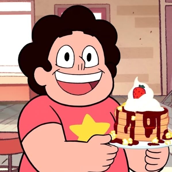 Steven Universe looking happy, holding a stack of waffles