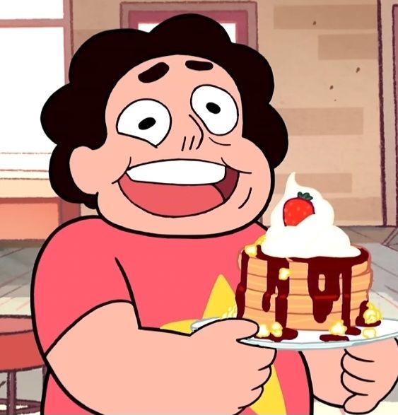 Steven Universe looking happy but with a weird melting expression, still holding a stack of waffles