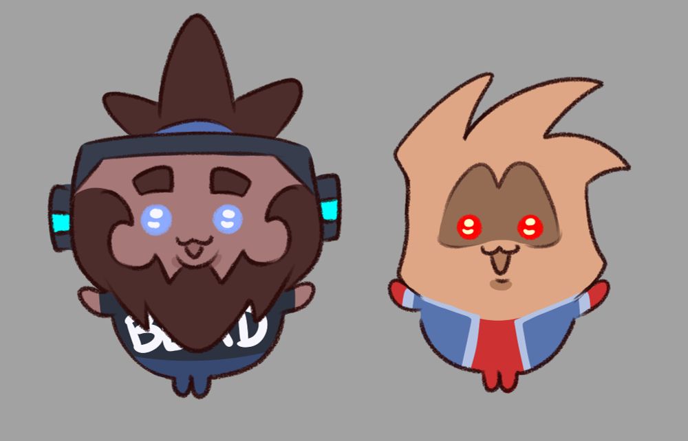 Beebs and Shrike from Monkey Wrench in the chibi style of Chiikawa