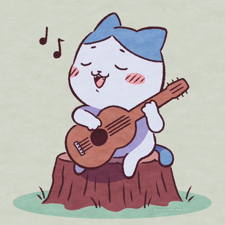A digital illustration of Hachiware from Chiikawa. They are holding a guitar and singing while sitting on a large tree stump.