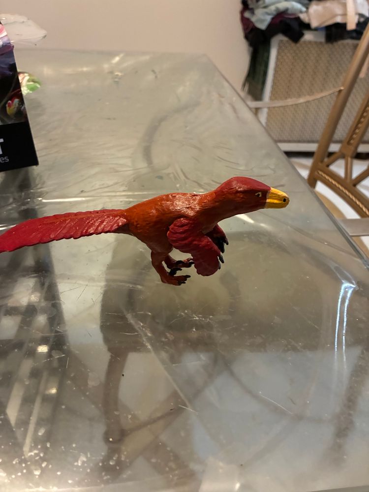 A farther away shot of Raptor Red with her gold mouth, brown bid and red
Wing feathers.