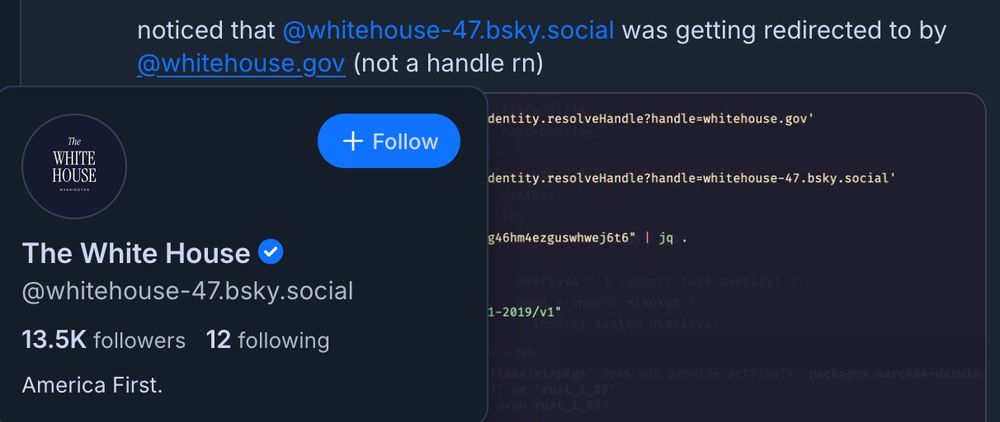 the first post, with @whitehouse.gov being linked and the @whitehouse-47.bsky.social profile card showing