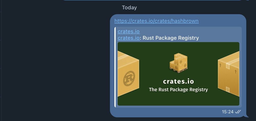 screenshot of https://crates.io/crates/hashbrown in a telegram message, the preview simply says "crates.io, the rust package registry" 