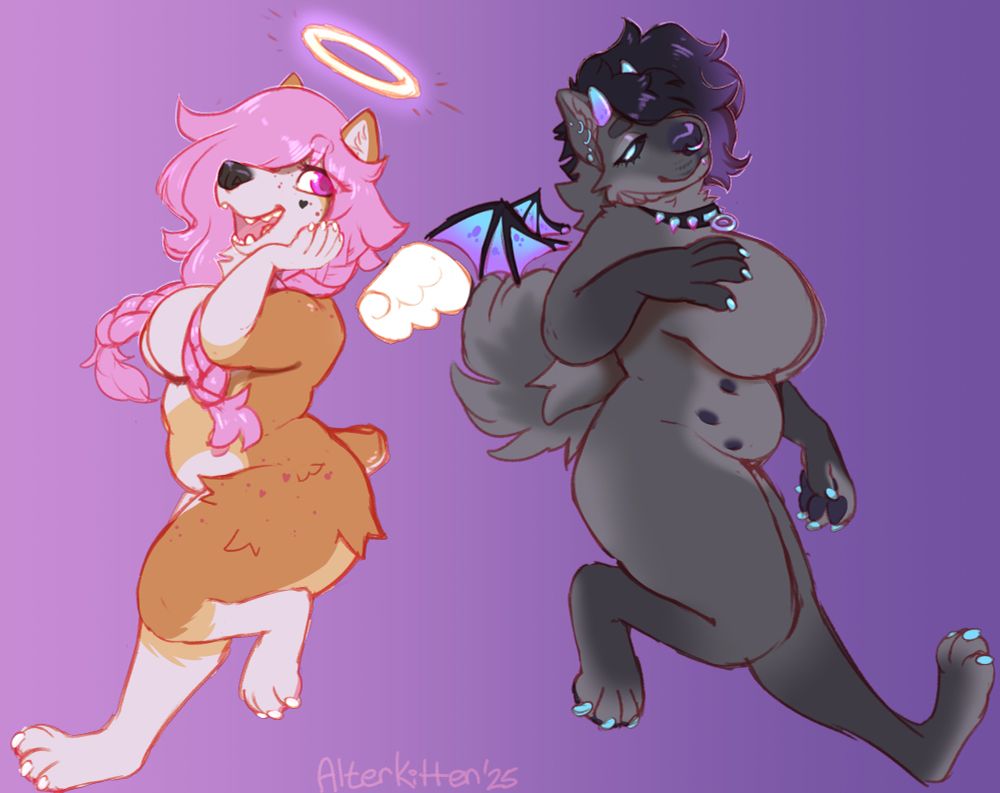 An anthro corgi with an angel aesthetic poses next to an anthro mutt with a devil aesthetic. They’re both thick asf 