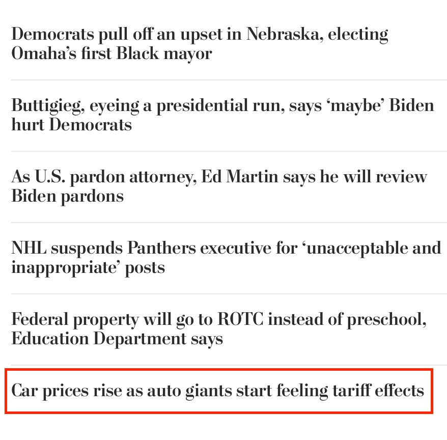 Screen grab showing Washington Post headline buried on its home page: car prices rise as auto giants start filing tariff effects