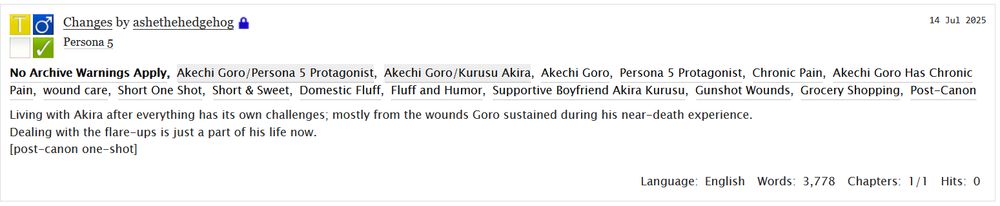 screenshot of the fic from ao3 Changes by ashethehedgehog. It details the tags found on the fic.