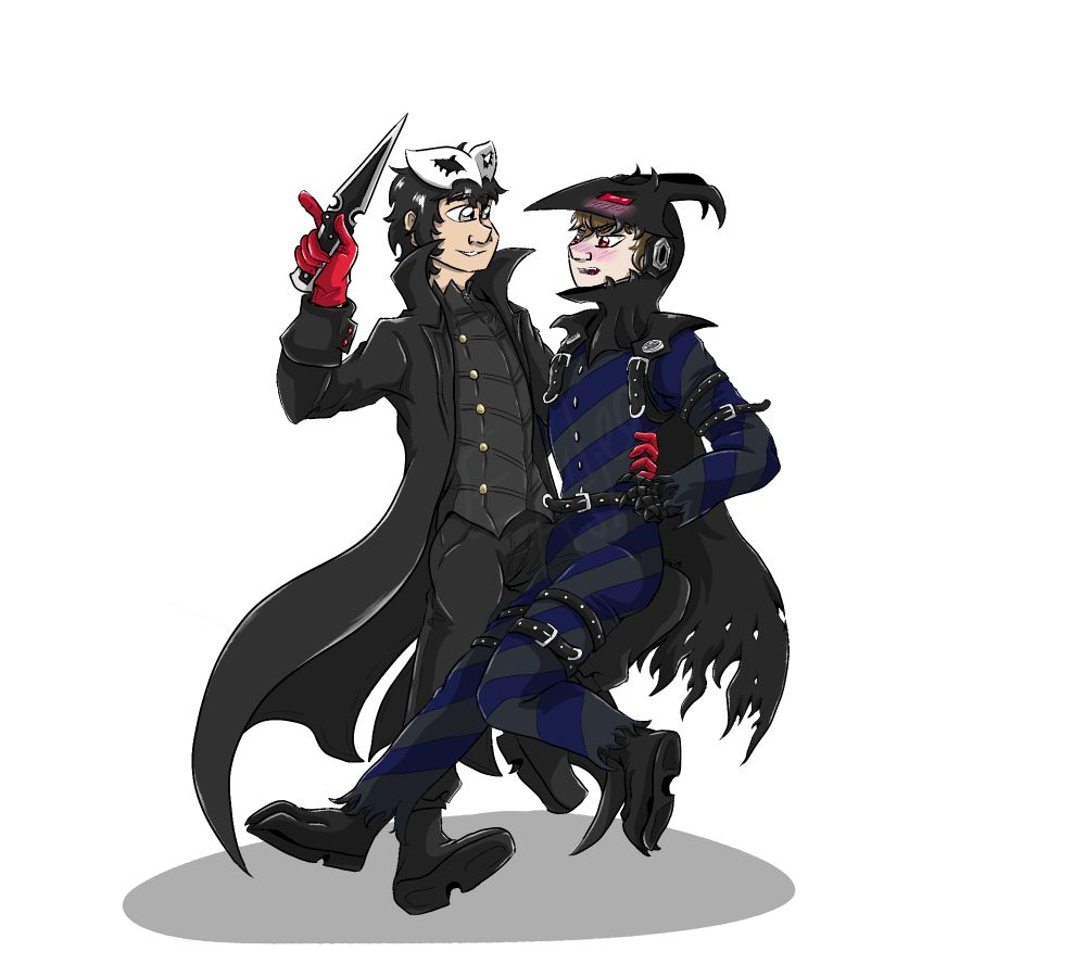 Joker holding up his knife, grinning as his other hand loops around Akechi's waist. Akechi is blushing, hand raised as if unsure what to do with it.