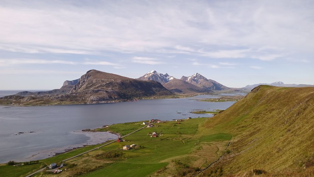 Mountains and ocean, also farmsteads.