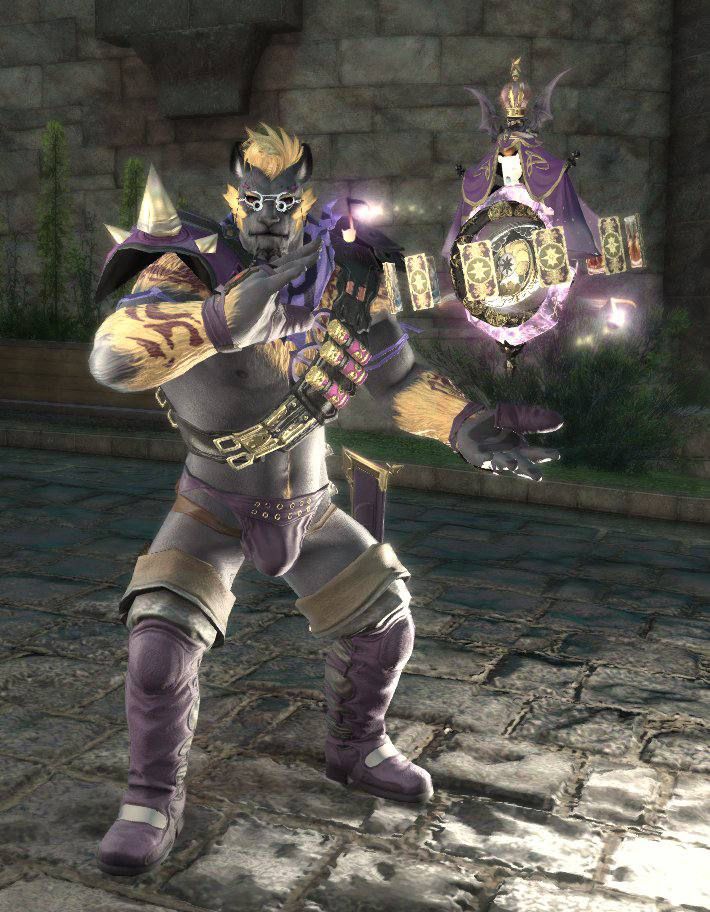 A hrothgar wearing a purple harness, subligar, and thigh high boots while holding an astroglobe.