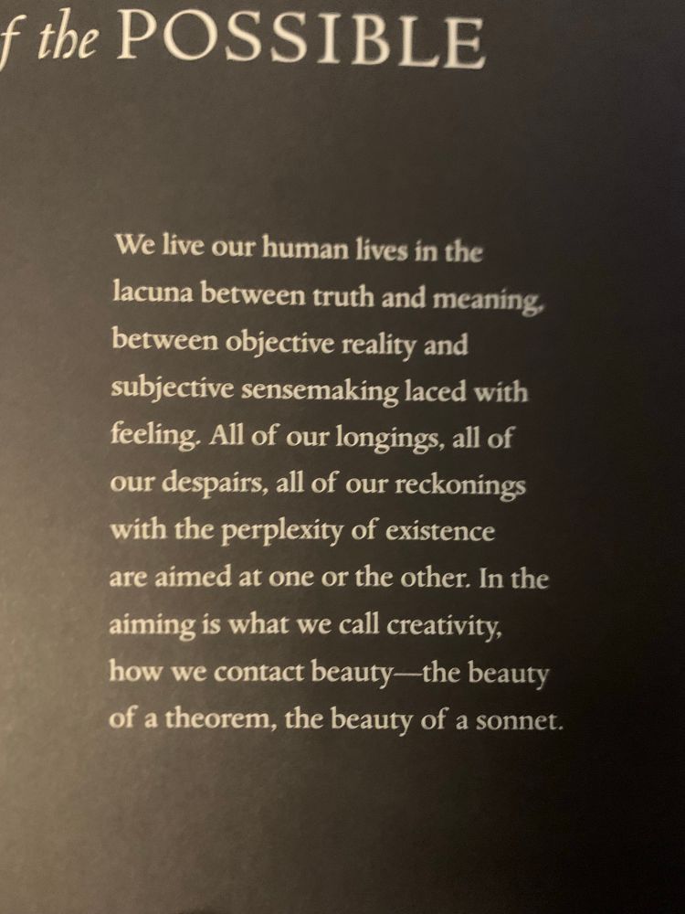‘We live our human lives in the lacuna between truth and meaning, between objective reality and subjective sensemaking laced with feeling. All of our longings, all of our despairs, all of our reckonings with the perplexity of existence are aimed at one or the other. In the aiming is what we call creativity, how we contact beauty—the beauty of a theorem, the beauty of a sonnet.’