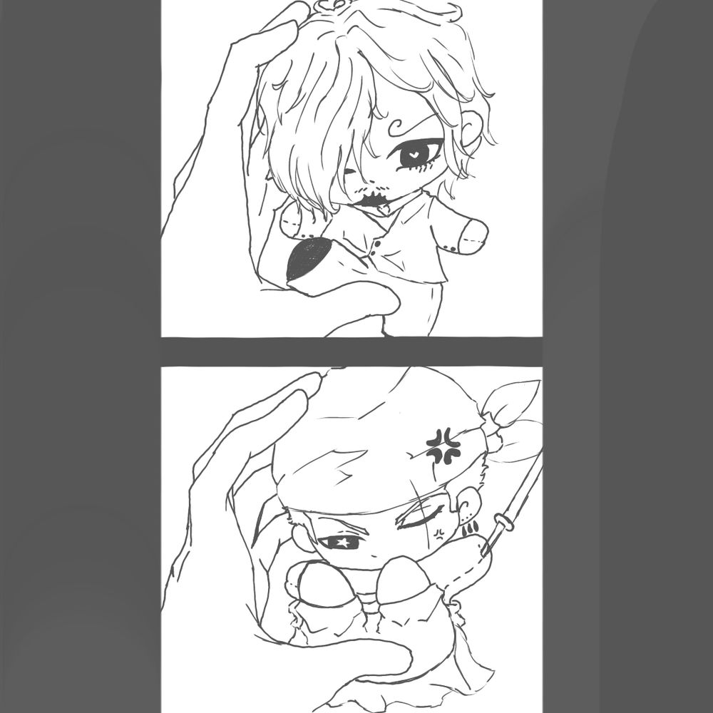 Sketch of Zoro and Sanji holding dolls of each other that Usopp made for them in a Normal! AU. Usopp made the dolls look like their Alt (canon) versions. 