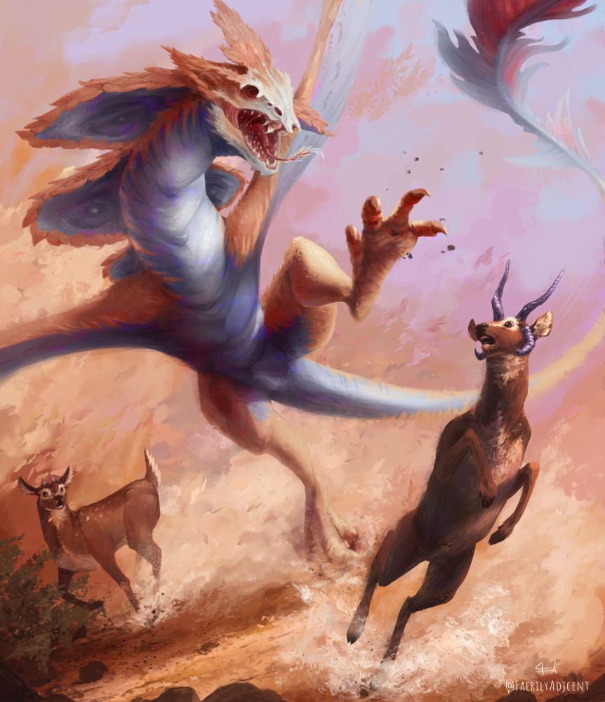A dragon with a skull-like face is swooping down on an antelope-type creature. The antelope is rearing up, trying in vain to dodge the dragon while another antelope looks on in shock from the background. The wings of the dragon and the running of the antelopes have kicked up a large dust cloud 