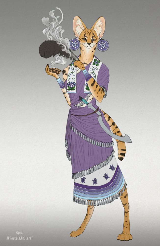 A serval tabaxi wearing a flowing dress with little metal cones on the hem. She has a kopesh on her hip and is holding a tortoise shell with incense in one hand. In her other hand is an ostrich feather. She has large, circle earrings with turtle designs 