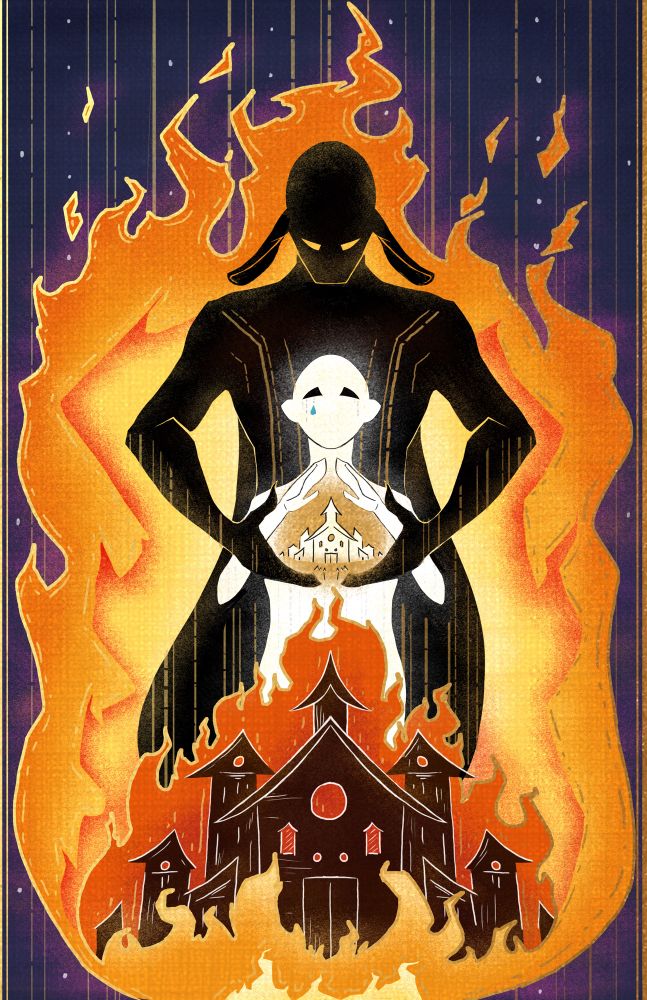 Two figures, engulfed in flames, looming over a stylized town. The larger of the two figures is black and has cow-like ears. They’re holding a smaller version of the town, but whole and safe from the destruction. The smaller, white figure has a single tear coming from their eye, and holds their hands protectively over the smaller version of the town 