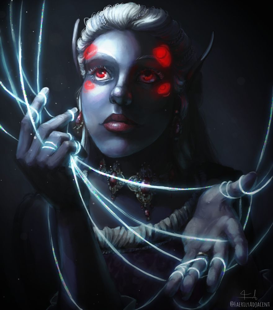 A drow in a dark space, looking upwards, with glowing threads wrapped around her hands. On her face are two extra sets of glowing red eyes