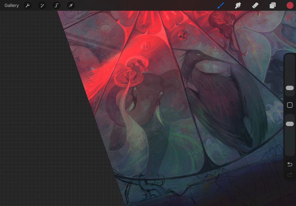 A close up of an in-progress piece, showing an elephant holding a hour glass. To the left is the head of a tortoise and on the right is a black heron