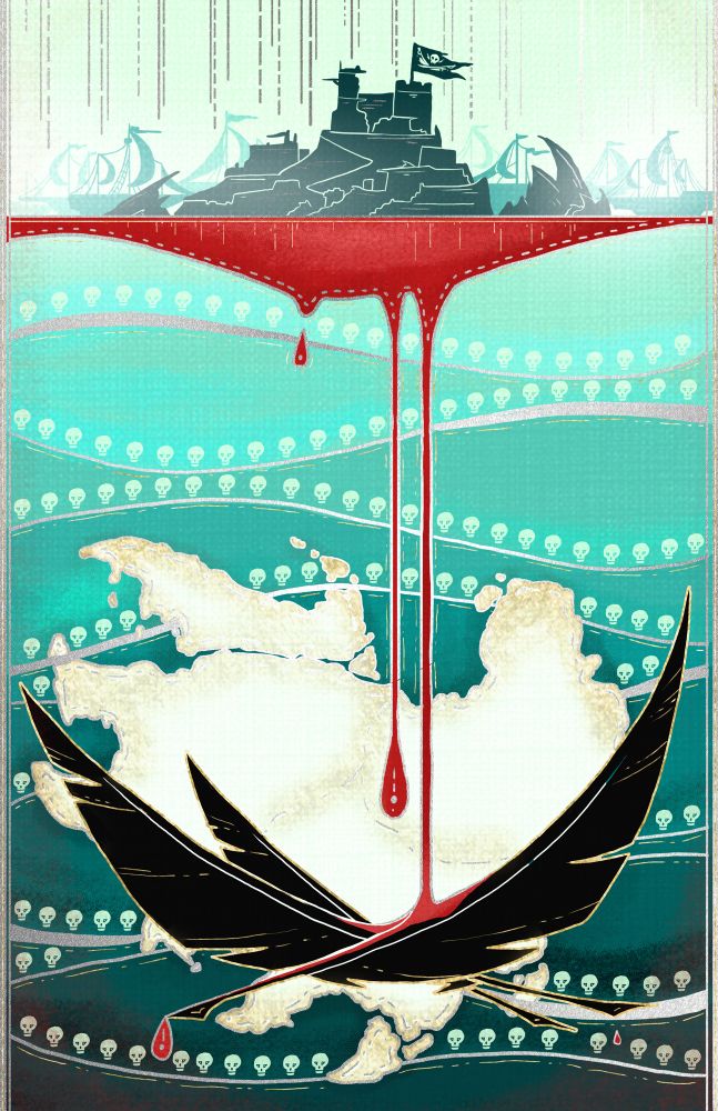An island flying a pirate flag, surrounded by ships rests at the top of the image, with blood pooling from the bottom, dripping into the stylized waves and into three crossed, black feathers. Behind the feather is a land mass. In the waves that make up the background are many skulls