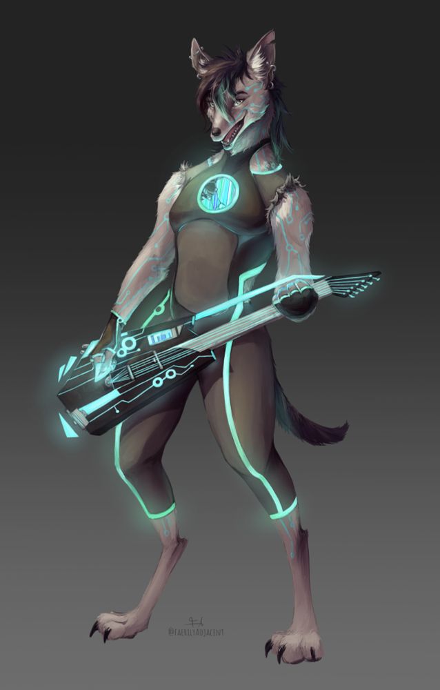 A grey jackal person holding an electric guitar. They’re wearing a similar skin suit similar to the last photo with torn sleeves 