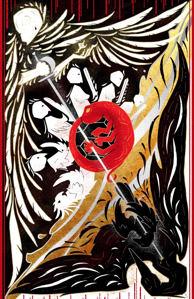 A white, winged figure stands at the top left of the image, thrusting a sword diagonally down through the rest of the image. A six-legged salamander rests in the center of the page, with its foot getting pierced by the sword. Around the salamander is a series of figures, starting as a bird and slowly turning into soldiers. In the bottom right is a raven and a black heron whose hearts are being stabbed by the man in the upper left. Good and silver blood flows from the two black birds
