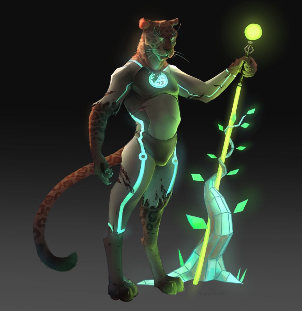 A black jaguar man in a torn skin suit, holding a glowing green staff. A low-poly holographic tree grows around the base of the staff.