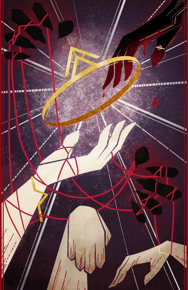 Two black, clawed hands hold red thread, entangling three different hands below. Two of these hand hand limply from the threads, while the third is being held up, made to offer up a crown to a black hand in the upper right corner. This black hand is dripping blood, and has a ring on it’s thumb 