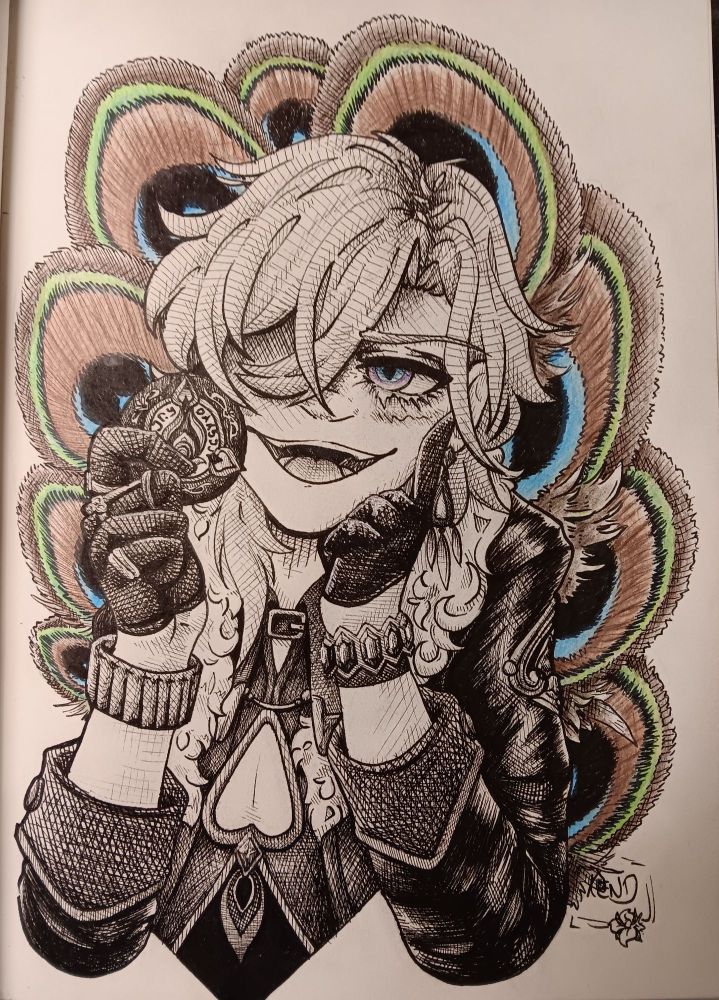 An inked piece of Aventurine from Honkai Star Rail! He is resting on his left hand, looking at the camera, and holding one of his signature chip in his other hand! Everything is in black and white except for his avgin purple and blue pupil and some  peacock feathers in the background!