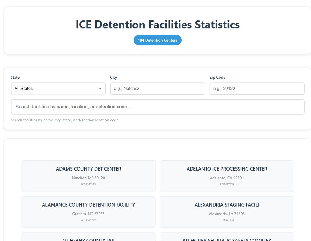 ICE Detention Facilities Statistics
With searchable features for State, City, and Zip Code, in addition to the general search bar.