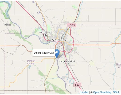 Dakota County Jail is indicated by a blue marker and a label in Dakota City, Nebraska. Sioux City, Iowa can be seen to the north.
Map by OpenStreetMap, ODbL using Leaflet.