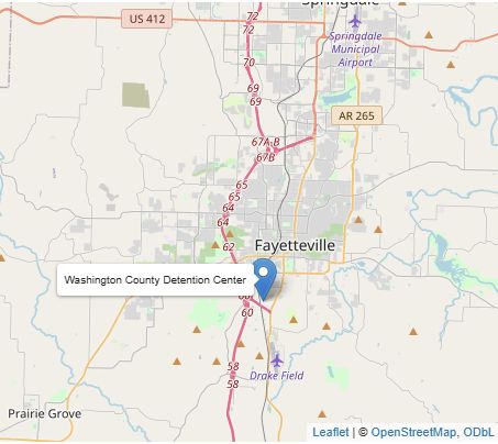 Washington County Detention Center is indicated on a map by a blue marker and a label in Fayetteville, Arkansas. Map by OpenStreetMap, ODbL using Leaflet.