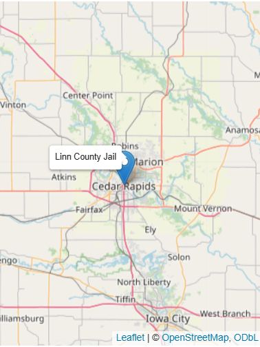 Linn County Jail is indicated on a map by a blue marker and a label in Cedar Rapids, Iowa. Map by OpenStreetMap, ODbL using Leaflet.
